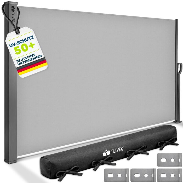 Бічний тент tillvex 200 x 400 см, висувний та непрозорий, з дощовиком Ширма для забезпечення конфіденційності для балкона, саду та тераси Бічна рулонна штора з настінним кріпленням Сонячний тент з нержавіючої сталі 200 x 400 см, сірий