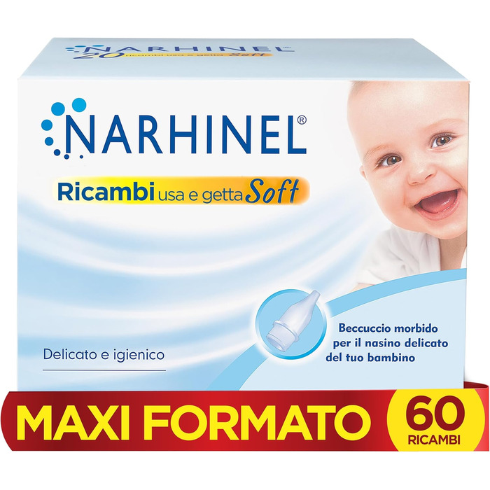 Запасні частини Narhinel Maxi Format 60 для назальних аспіраторів для новонароджених та дітей, з абсорбуючим гігієнічним фільтром для збору слизу, одноразові, м'які, упаковка 60 запасних частин Narhinel 60 Ricambi Maxi Formato