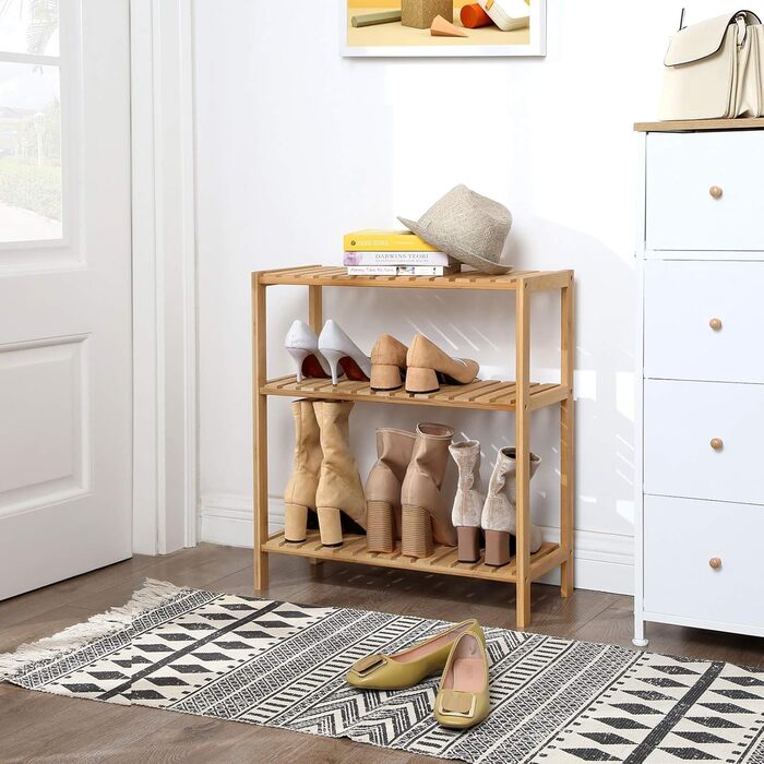Полиця для ванної кімнати SONGMICS, кухонна полиця, взуттєва полиця з 3 ярусами, бамбукова окремостояча полиця, 26 x 60 x 66 см, для ванної кімнати, вітальні, коридору, кухні, натуральний бежевий BCB33Y 3 рівні натуральний бежевий