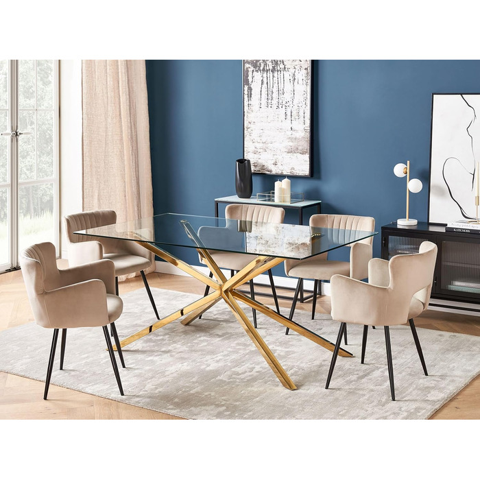 Обідній стіл Beliani, прозоре скло, прямокутний, 160 x 90 см, металевий каркас, золотий, Maramo
