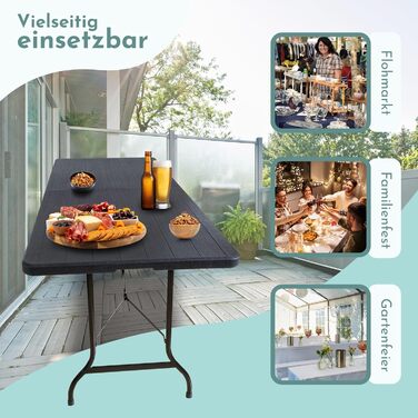 Розкладний стіл Lemodo 180 x 75 см Складаний садовий та фуршетний стіл до 150 кг, міцний стіл для вечірок з всепогодного чорного дерева, компактне зберігання у вигляді валізи з ручкою для перенесення, дерево/чорний
