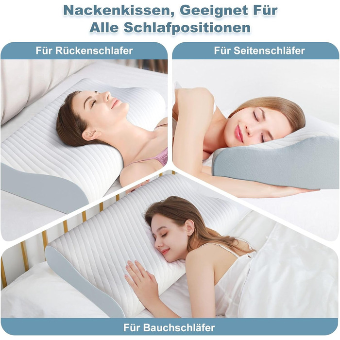 Подушка для шиї - ергономічна подушка з піни з ефектом пам&39яті для полегшення болю в шиї, подушка для підтримки шиї зі знімною наволочкою, для сну на боці, спині та животі, 63*34*12/9 см, біла