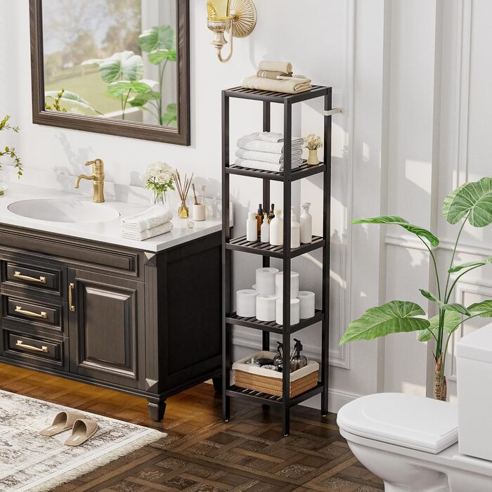 Полиця для зберігання у ванній кімнаті, 5 рівнів, бамбукова полиця, органайзер, багатофункціональна полиця для вітальні, спальні, кухні (чорна) 5 рівнів чорного кольору