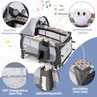 Дитяче ліжечко FANTASK 4-в-1 зі складним матрацом, пеленальний столик та балдахін, дорожнє ліжечко на колесах, сумка для перенесення, портативне тумбочки з ігровою аркою та музичний мобіль для малюків до 36 місяців