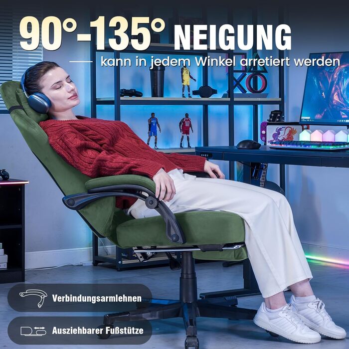 Ігрове крісло GTPLAYER, тканина, ергономічне офісне крісло, крісло для ПК, вантажопідйомність 150 кг, регульоване та поворотне робоче крісло з пружинною подушкою сидіння та підставкою для ніг, зелене