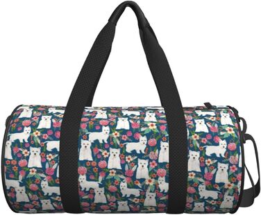 Дорожня сумка-циліндр з білим песиком та квітами, спортивна сумка для чоловіків та жінок, сумка для подорожей, спортивна сумка