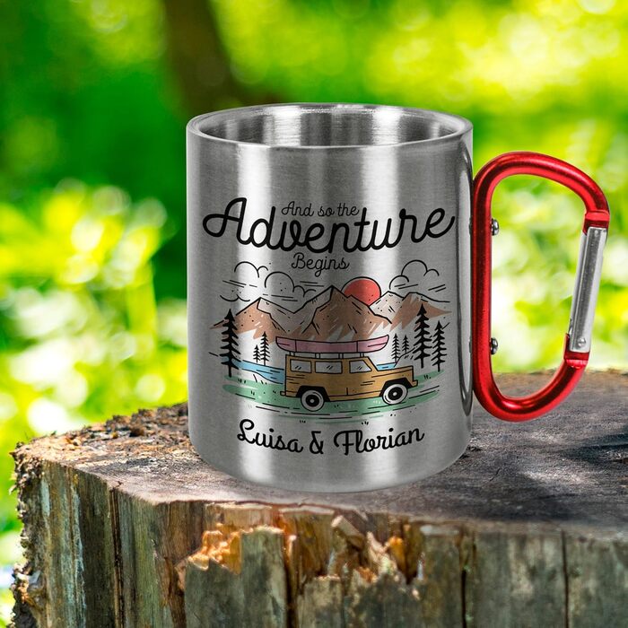 Персоналізована кружка з нержавіючої сталі з карабіном І так починається пригода металева кружка об&39ємом приблизно 330 мл, подарунок для кемпінгу для чоловіків та жінок для активного відпочинку
