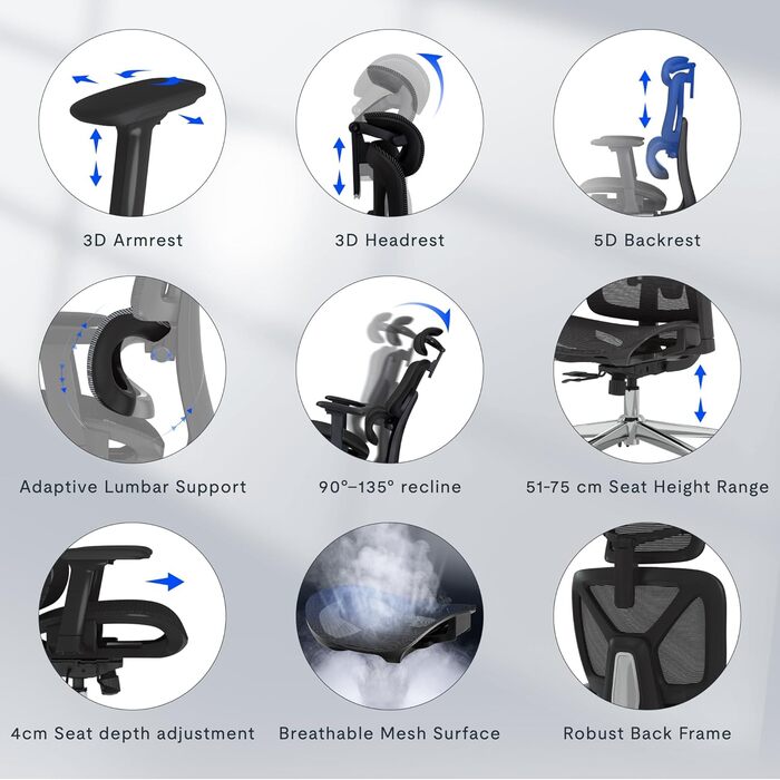 Ергономічне офісне крісло FLEXISPOT, стілець для роботи з підставкою для ніг, 3D підлокітники, 3D підголівник, 5D спинка, дихаюче сидіння, вантажопідйомність до 136 кг, ErgoX, чорний (з підставкою для ніг) Lite