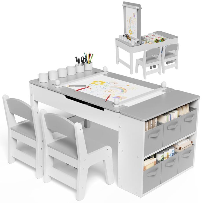 Дитячий стіл MAMIZO з 2 стільцями, дерев&39яний дитячий стіл та комплект стільців, дитячий комплект сидіння з місцем для зберігання та рулоном паперу, стіл для малювання та рукоділля, художній стіл для дітей від 3 років, сірий