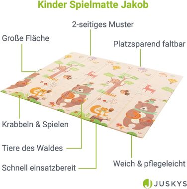 Дитячий ігровий килимок Juskys Jakob 180x200 см Тварини - XXL Килимок для немовлят - Килимок для гри з пінопласту складний, м'який і двосторонній - Підлога - Килимок для повзання бежевий