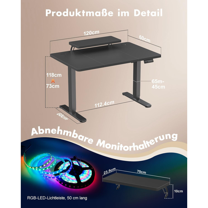 Стіл Airfish з регульованою висотою 120 x 60 см зі світлодіодним освітленням, електрично регульований по висоті стіл зі знімним кріпленням для монітора, регульований стіл для домашнього офісу та ігор, чорний 120 x 60 см