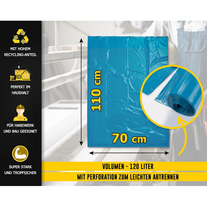 Літрові сині сміттєві мішки, 10 мішків - Надзвичайно міцні - Мішки для сміття - XXL сміттєві мішки - Тип 100 Extra - 120-літрові сміттєві мішки - 70 мкм - 700x1100 мм - LDPE - Великий сміттєвий мішок - 120 літрів - Надміцні 120-літрові сині сміттєві мішки