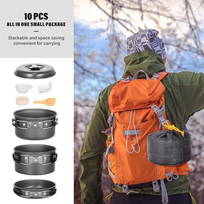 Набір посуду Lixada для кемпінгу каструля, сковорода та столові прибори для приготування їжі на 1-2 особи з сумкою для зберігання