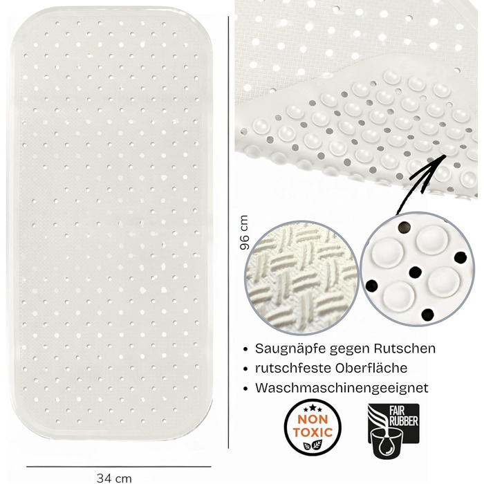 Килимок для ванни XL з протиковзким покриттям 96x34 см, без пластику, натуральний каучук FSC, 100 без BPA та ПВХ, підкладка для ванни кольору перлинно-білий, білий, перлинно-білий XL
