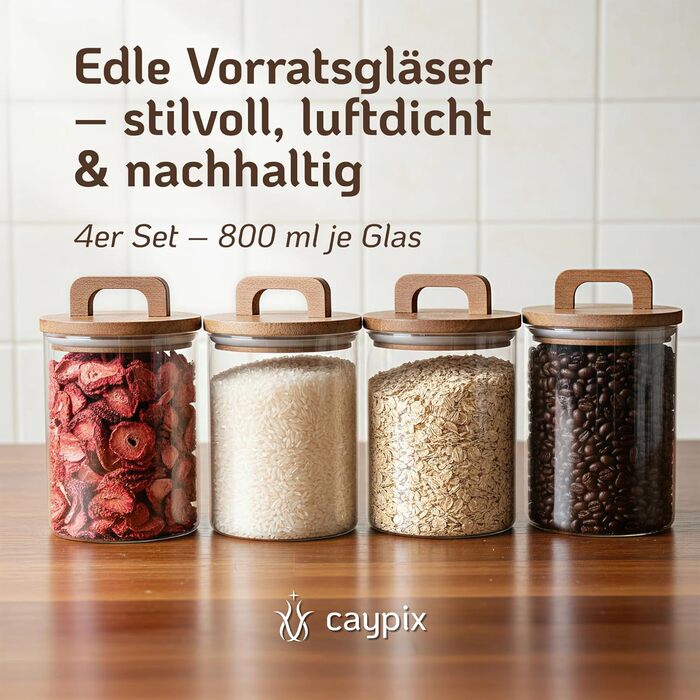 Банки для зберігання з дерев&39яними кришками 4 x 800 мл Герметичні скляні контейнери для зберігання Банки для зберігання з дерев&39яними кришками та практичними ручками Банки для зберігання з кришками Скляні контейнери для харчових продуктів