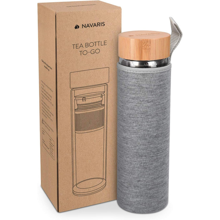 Скляна пляшка для чаю Navaris з нержавіючої сталі - пляшка для чаю 500 мл, чайник на винос - пляшка для пиття з боросилікатного скла з подвійними стінками та сірим прозорим рукавом