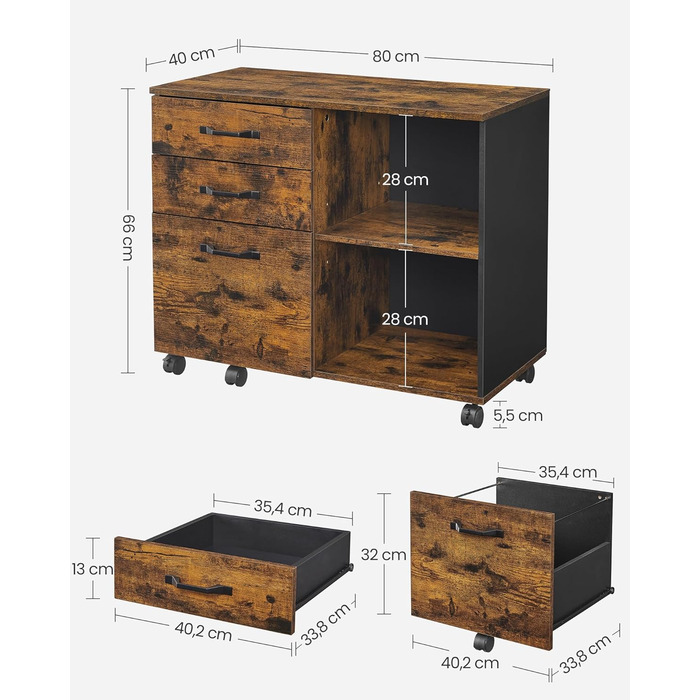 Мобільна картотечна шафа VASAGLE з 3 шухлядами та коліщатками, відкриті відділення, для документів формату DIN A4 та Letter, підставка для принтера, промисловий дизайн, вінтажний коричнево-чорний OFC041B01 Вінтажний коричневий чорний