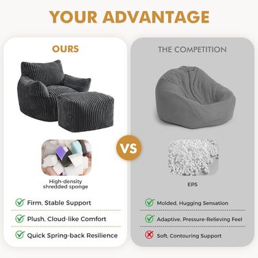 Диван-гойдалка JULY&39S SONG зі спинкою та підставкою для ніг, крісло-мішок XXL з пуфом для дорослих, диван-лінивець, подушка для сидіння в приміщенні для спальні, вітальні, зимового садка, темно-сірий