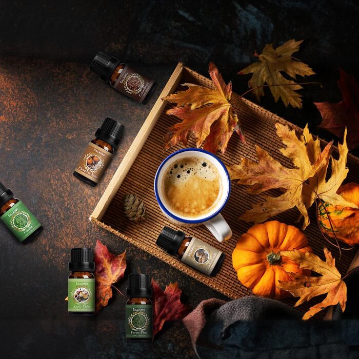 Набір осінніх ефірних олій SALKING, 6x10 мл 100 органічної ароматерапевтичної ароматичної олії, подарунковий набір для дифузора, зволожувача повітря, масажу, гарбузових спецій, ванілі, сосни звичайної, яблучного сидру, кориці, печива з корицею
