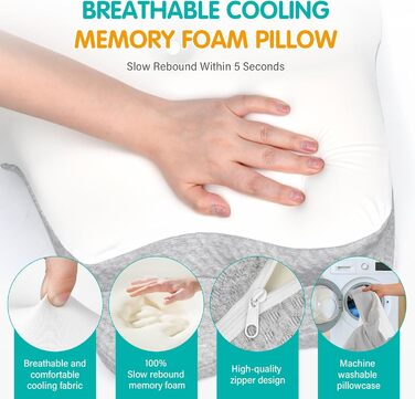 Подушка з піни з ефектом пам&39яті, подушка для шиї, подушка для голови, ергономічна подушка для підтримки шиї, подушка для сну на боці, спині та животі, 62x49/12 см, білий/сірий