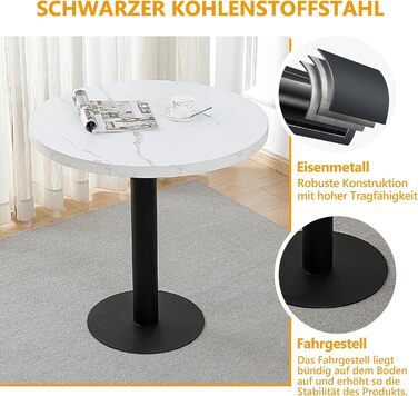 Круглий обідній стіл Mingone 80 см, кухонний стіл білого кольору з мармуровим ефектом - стільниця з МДФ та металевий каркас - для кухні, їдальні, балкону, вітальні. Круглий обідній стіл 80 см білого кольору.