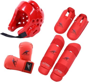Комплект спорядження для спарингу карате, боксерський головний убір із щитками для гомілок, боксерський головний убір для карате, червоний, XS