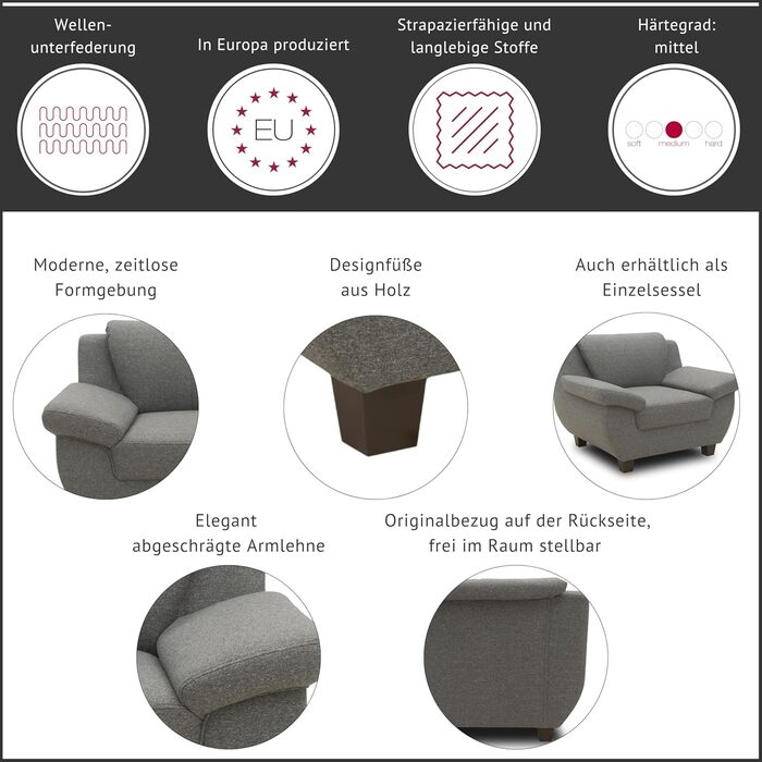 Колекція Панама, 3-місний диван, 3-місний диван, комплект, 3-2-1, антрацит, 207 см, 3-місний антрацит
