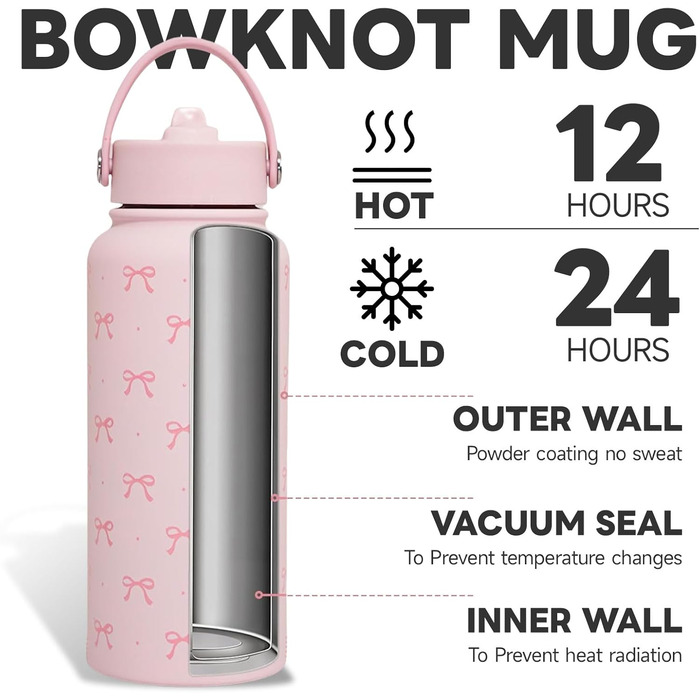 Термос з бантом, ізольована пляшка для води з нержавіючої сталі об&39ємом 32 унції, рожевий термос для жінок, дівчат, підлітків, подарунок на день народження