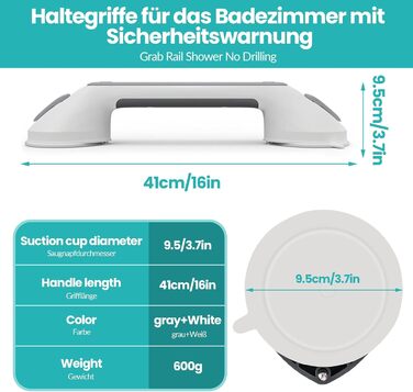 Ручки для людей похилого віку LORESJOY, душова кабіна без свердління, знімна ручка для душу MAX 120 кг, ручка для ванни з попередженням про всмоктування для інвалідів та людей похилого віку (16 дюймів)