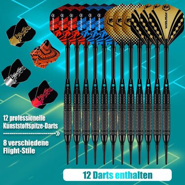 Професійний набір електронних дротиків WIN.MAX з лазерними маркерами лінії кидка/носка з німецьким голосом - підходить для батарейок/адаптерів для 1-8 гравців з 12 дротиками 2025 року - НОВИНКА - бічне освітлення