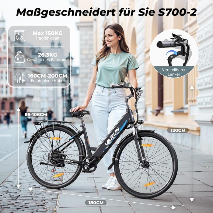 Електровелосипед VARUN, 28-дюймовий електровелосипед для чоловіків та жінок з акумулятором 48 В 499,2 Втгод, запас ходу до 100 км, двигун 250 Вт 55 Нм, електровелосипед з 7 передачами, 5 режимами, режим круїз-контролю, міський електровелосипед для поїздок