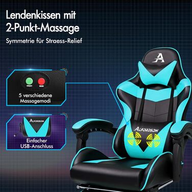 Ігрове масажне крісло ALFORDSON, нахил 150, ергономічне крісло керівника, шкіра синтетична з підставкою для ніг, регулювання висоти, спортивне крісло, вантажопідйомність 180 кг, блакитний Vogler - серія Cyan Vogler