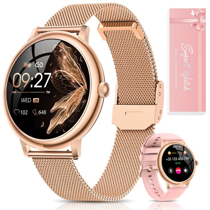 Жіночий смарт-годинник RUXINGX, маленький круглий фітнес-годинник із функцією телефону, сенсорний екран AMOLED 1,19 дюйма, цілодобовий монітор серцевого ритму, відстеження SpO2, моніторинг менструального циклу, відстеження сну, калорії, крокомір, сумісний