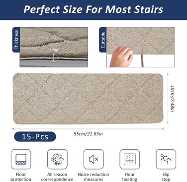 Набір килимків для сходів Bocguy, 15 предметів, 55x19 см, для приміщень, нековзні, самоклеючі, ріжучі, багаторазові, для захисту сходів (бежевий) Бежевий 55x19 см, 15 шт.