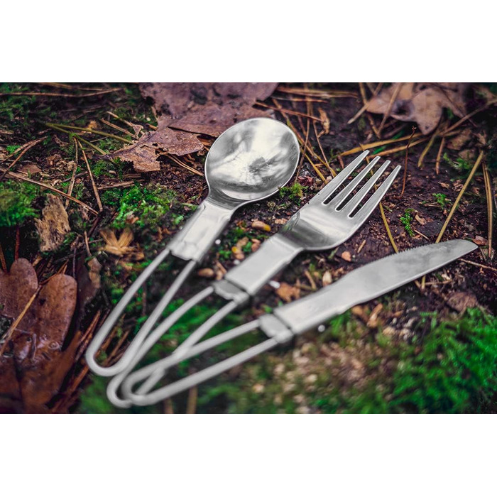 Туристичні столові прибори NEO TOOLS 3 в 1 ложка, ніж, виделка, складаний дизайн, вага 70 г, матеріал нержавіюча сталь, футляр для перенесення, сертифікат відповідності харчовим продуктам LFGB