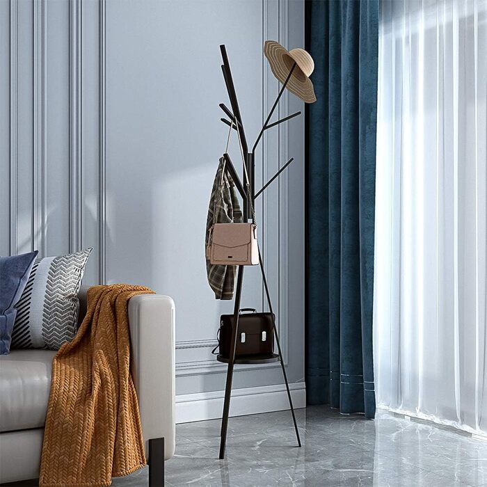 Підлогова вішалка для передпокою дерево - чорна вішалка висотою 180 см з полицею і 9 гачками для сумочки-куртки-шарфа, Freestandin