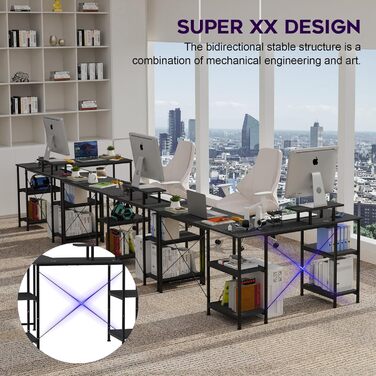 Ігровий стіл 210 x 50 см з розеткою та USB-портом, 3 варіанти встановлення, L-подібний ігровий стіл з полицею для монітора, ігровий стіл для ПК з карбоновою поверхнею