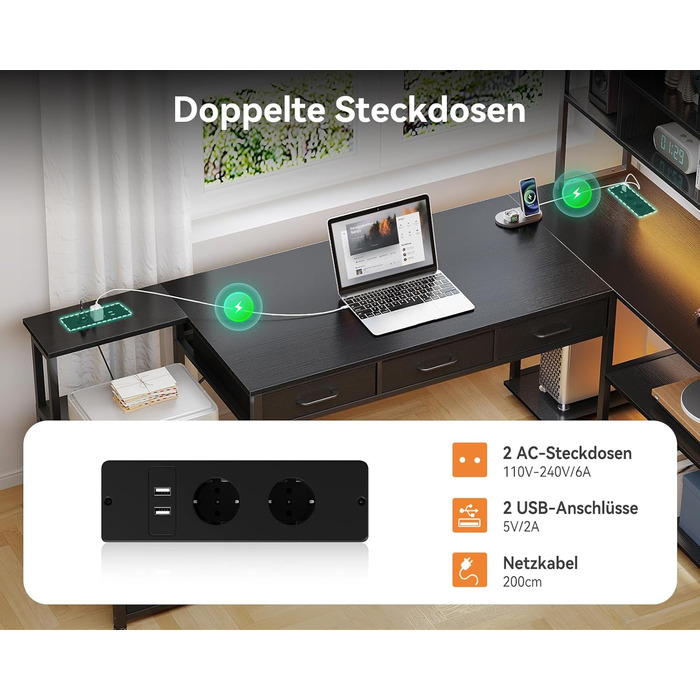 Кутовий письмовий стіл Coleshome з 5 шухлядами та 4 полицями, 200110 см, L-подібний стіл зі світлодіодним освітленням, розетками та USB-портами, великий стіл для домашнього офісу, чорний 200110 см