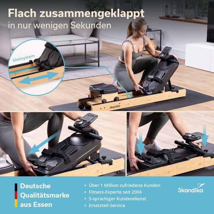 Гребний тренажер Skandika Rovek Дерев&39яний гребний тренажер, складний домашній гребний тренажер, магнітний опір з 32 рівнями, сумісний із додатком Kinomap, окремостоячий, до 195 см, світло-коричневий