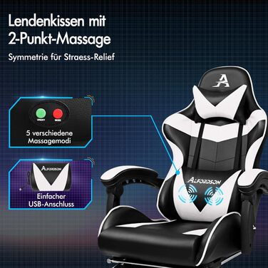 Ігрове масажне крісло ALFORDSON, нахил 150, ергономічне крісло для керівника, шкіра синтетична з підставкою для ніг, регулювання висоти, спортивне крісло, вантажопідйомність 180 кг, білий Vogler - серія White Vogler