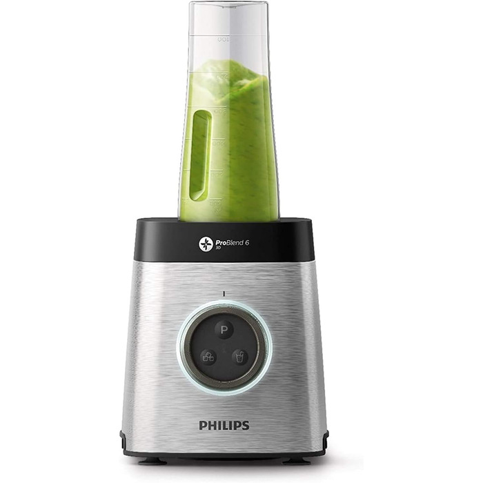 Міксер Philips HR3655/00 (1400 Вт, технологія ProBlend 6 3D, скляний контейнер 2 літри, 2 чашки для пиття, можна мити в посудомийній машині) нержавіюча сталь