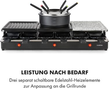 Гриль і фондю для раклету 3-в-1, 1650 Вт металевий/натуральний камінь/млинець, 3 окремі нагрівальні елементи з нержавіючої сталі, до 12 осіб, антипригарне покриття, чорний