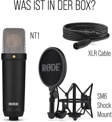 Конденсаторний мікрофон з великою діафрагмою RØDE NT1 Signature Series (з шокмаунтом, поп-фільтром та XLR-кабелем) для музичного виробництва, вокалу, стрімінгу та подкастингу, чорний
