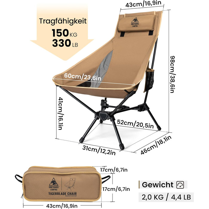 Крісло для кемпінгу OneTigris TIGERBLADE, висока спинка, складне, вантажопідйомність 150 кг, легка трикутна рама, складне рибальське крісло з 2 боковими кишенями, надлегке складне крісло для використання на свіжому повітрі, для походів, колір койот-коричн