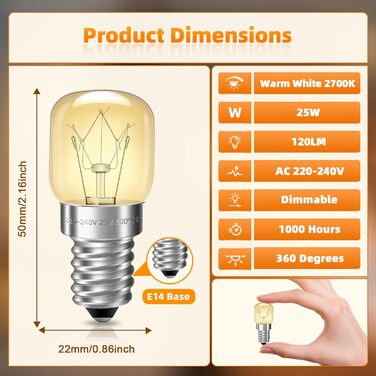 И E14 T22 лампа для духовки, диммована, лампа для духовки 300 градусів, теплий білий 2700K, лампа для холодильника SES E14 для соляної лампи, духовки, холодильника, 3 шт.