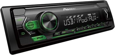 Автомобільна стереосистема Pioneer MVH-S120UI 1-DIN з RDS, зеленим підсвічуванням, половинною глибиною встановлення, USB для MP3, WMA, WAV, FLAC, AUX входом, підтримкою Android, керуванням iPhone, сумісністю з ARC