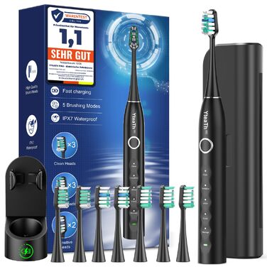 Електрична зубна щітка з 8 насадками (3 типи), звукова зубна щітка для дорослих, з таймером, до 120 днів роботи від акумулятора, 5 режимів чищення, дорожній футляр, настільна зарядна станція, колір чорний
