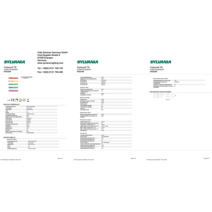 Зелена люмінесцентна лампа SYLVANIA T8, цоколь G13, 36 Вт/3140 люмен, термін служби 10000 год, лінійна форма, діаметр 26 мм, довжина 1200 мм, зелена лампа, регулювання яскравості, упаковка з