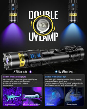 Ультрафіолетовий ліхтарик DARKBEAM Blacklight 365 нм та 395 нм, світлодіодний ліхтарик з ультрафіолетовим випромінюванням, що перезаряджається від USB, надзвичайно яскравий, з регульованим фокусом, лампа Вуда з чорним світлом для сечі домашніх тварин, ура