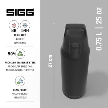 Термопляшка для пиття - Shield Therm One Black, термопляшка для газованих напоїв - Герметична - Можна мити в посудомийній машині - Без BPA - 90 перероблена нержавіюча сталь - Чорна - 0,75 л